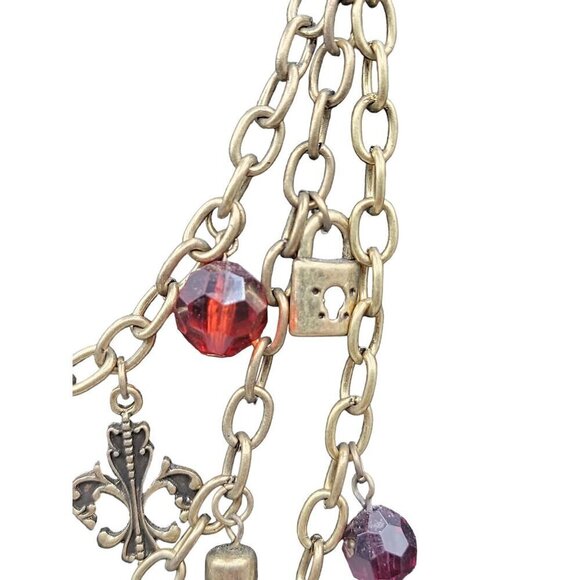 Multistrand Charm Necklace 22" Brass Tone Beads Locks Keys Shield Charms - Picture 10 of 16